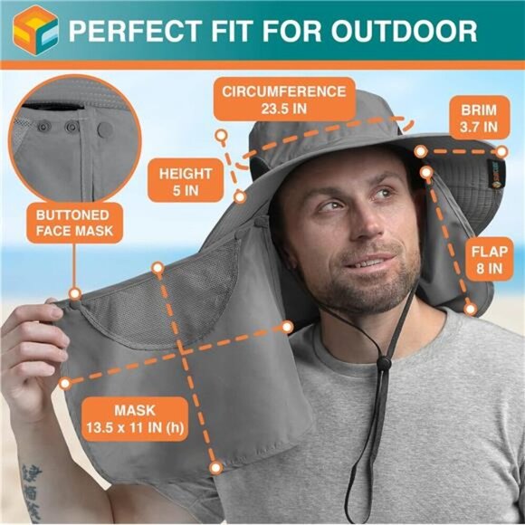 Fishing Hat for Men with UV Sun Protection Wide Brim, Face Cover, Neck Flap - Picture 6 of 7